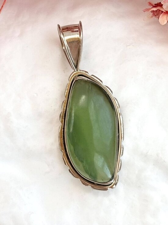 Jewelry - Natural Green Nephrite Gemstone Jumbo Sterling Silver Vintage 925 Pendant
